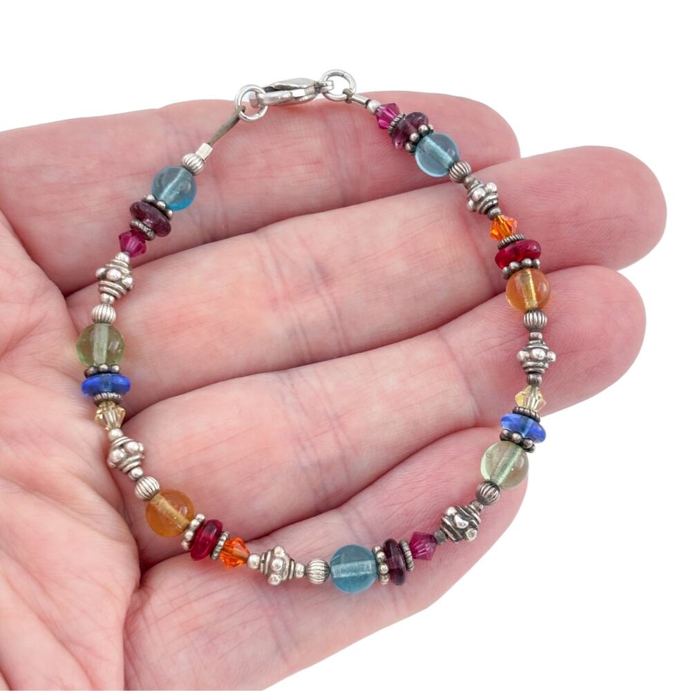 Vintage Sterling Silver 925 Multicolor Glass Bead Bracelet 7.5 inch